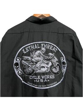 Lethal Threat Motorgear XXL Black Button Front Skull Embroidered Work Shirt USA